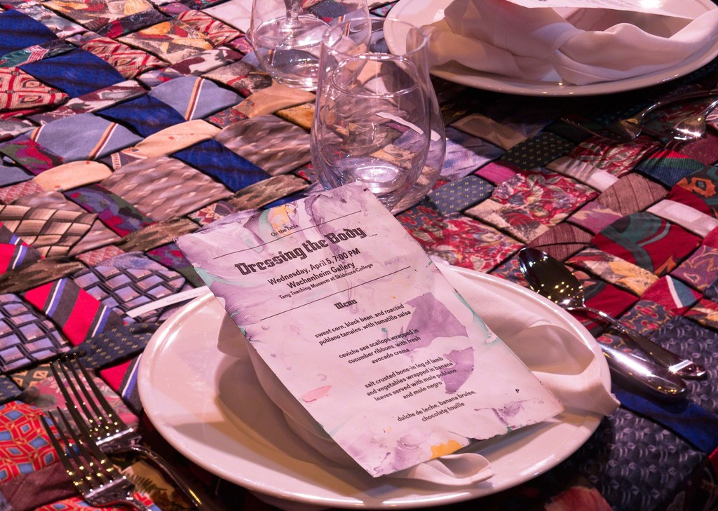 Table setting for a themed dinner in "On the Table," a performative tablecloth comprised of 210 vintage ties, in the exhibition "Janine Antoni & Stephen Petronio: Entangle," Tang Teaching Museum, April 4, 2017 Table setting for a themed dinner in "On the Table," a performative tablecloth comprised of 210 vintage ties, in the exhibition "Janine Antoni & Stephen Petronio: Entangle," Tang Teaching Museum, April 4, 2017