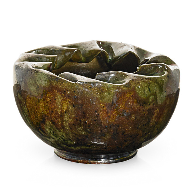 George Ohr, ‘Vessel with folded-in rim, green, ochre, gunmetal, and raspberry sponged-on glaze, Biloxi, MS’, 1897-1900, Rago/Wright