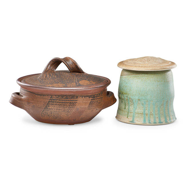 Karen Karnes, ‘Covered casserole and lidded jar, Morgan, VT’, 1980s, Design/Decorative Art, Salt-glazed stoneware, Rago/Wright