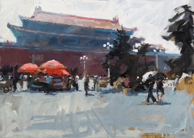 James Hart Dyke, ‘Wumen Gate and umbellas, Forbidden City, Beijing’, 2014, Painting, Oil on board, DELAHUNTY