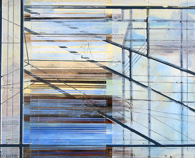 Jylian Gustlin, ‘"Entropy 50" Abstract mixed media painting with blue, black, grey and yellow lines’, 2019, Eisenhauer Gallery