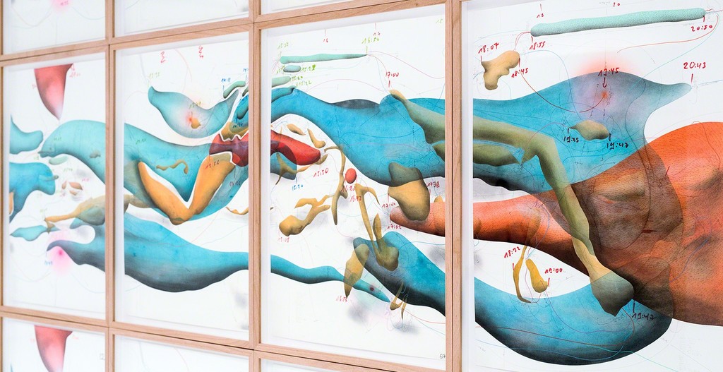 Exhibition view: Jorinde Voigt - Song of the Earth
Chapter 1:
Detail of:
Radical Relaxation (I) bis (VII)
(Stress + Freiheit)
Sloterdijk/ Rousseau
77 Positionen
Rotationsrichtung
Rotationsgeschwindigkeit
1-177 Umdrehungen/ Tag
1 Umdrehung/ Stunde
Vorgestern → ∞
Gestern → ∞
Heute → ∞
Morgen → ∞
Übermorgen → ∞
Now (1)-(8)
Ausrichtung Oben
Ausrichtung Erdmittelpunkt
Horizont
Erdoberfläche
Jorinde Voigt
Berlin 2016
7-teilige Arbeit à 140 x 100 cm.
Photo: Verena Nagl
Exhibition view: Jorinde Voigt - Song of the Earth
Chapter 1:
Detail of:
Radical Relaxation (I) bis (VII)
(Stress + Freiheit)
Sloterdijk/ Rousseau
77 Positionen
Rotationsrichtung
Rotationsgeschwindigkeit
1-177 Umdrehungen/ Tag
1 Umdrehung/ Stunde
Vorgestern → ∞
Gestern → ∞
Heute → ∞
Morgen → ∞
Übermorgen → ∞
Now (1)-(8)
Ausrichtung Oben
Ausrichtung Erdmittelpunkt
Horizont
Erdoberfläche
Jorinde Voigt
Berlin 2016
7-teilige Arbeit à 140 x 100 cm.
Photo: Verena Nagl