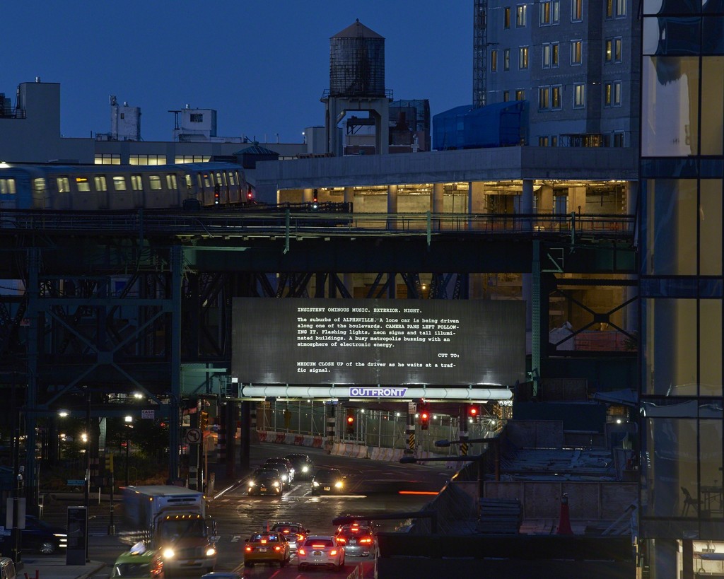 Alejandro Cesarco, Words Like Love: Alphaville, First Scenes, 2017, installation view, Jackson Avenue and Queens Plaza, Long Island City, New York. Billboard. 14 x 48 feet (4.3 x 14.6 m). Commissioned by SculptureCenter, New York. Courtesy the artist. Photo: Kyle Knodell Alejandro Cesarco, Words Like Love: Alphaville, First Scenes, 2017, installation view, Jackson Avenue and Queens Plaza, Long Island City, New York. Billboard. 14 x 48 feet (4.3 x 14.6 m). Commissioned by SculptureCenter, New York. Courtesy the artist. Photo: Kyle Knodell