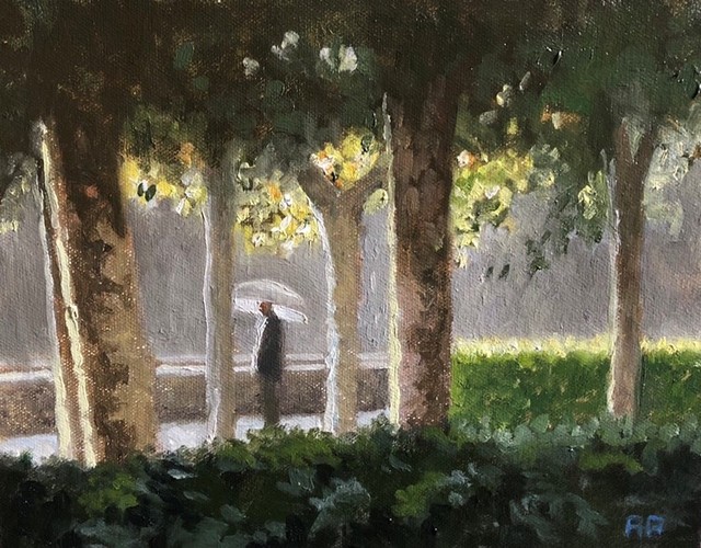 Rick Perez, ‘Pamplona Park in the Rain’, 2015, Painting, Oil, The Galleries at Salmagundi