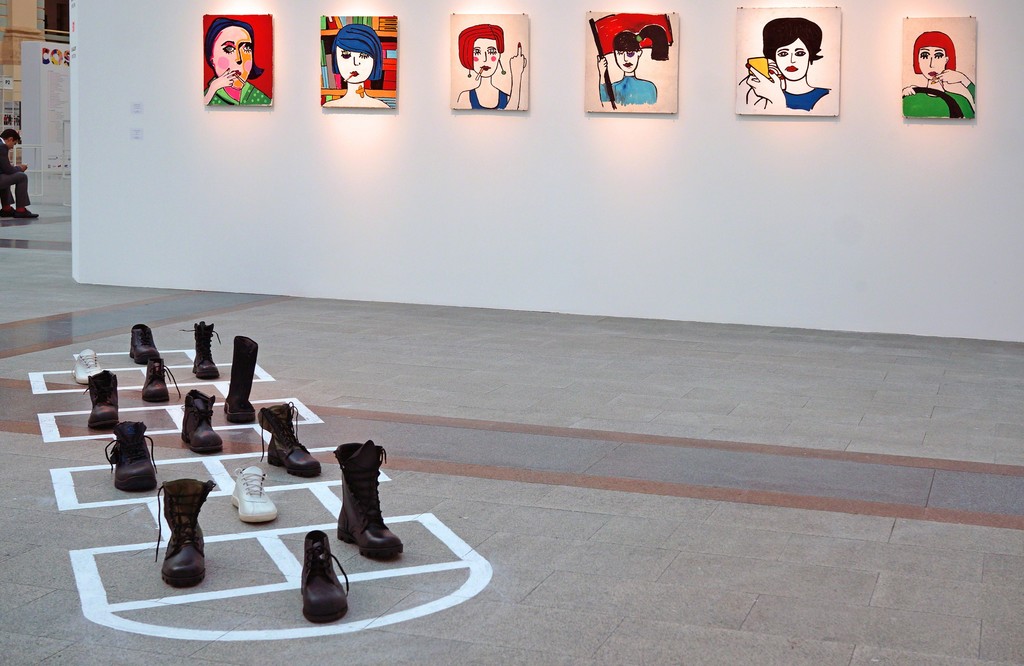 Stand view with Activists series and Hopscotch installation by Alexandra Galkina Stand view with Activists series and Hopscotch installation by Alexandra Galkina