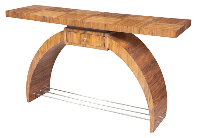‘Art Deco Walnut Console’, Design/Decorative Art, Rectangular top with frieze drawer and arched supports joined by metal stretchers., Doyle