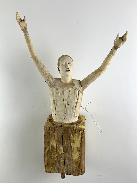 Cathy Rose, ‘Reach 2’, 2021, Sculpture, Hand formed clay assembled with altered wood, glove leather, metal and found objects, Sue Greenwood Fine Art
