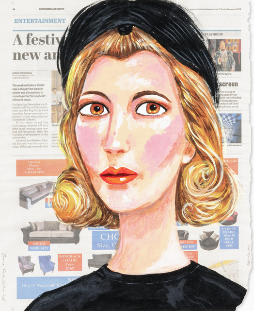 Stella Vine, ‘Jeanne Black Feather Hat’, 2015, Drawing, Collage or other Work on Paper, Unique, acrylic on reclaimed Northumberland Gazzette news paper, Tate Ward Auctions