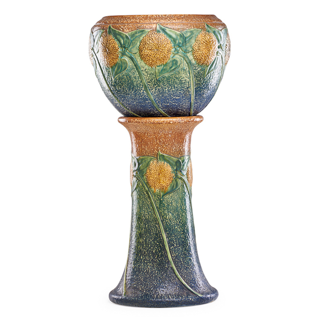 Roseville Pottery, ‘Sunflower 10" Jardiniere And Pedestal, Zanesville, OH’, 1925, Rago/Wright