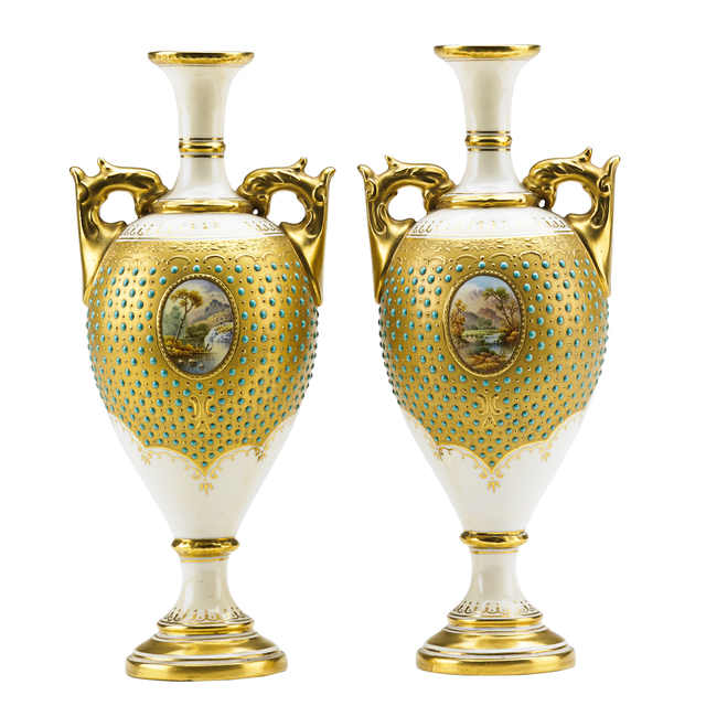 Pair Of Jeweled Coalport Porcelain Vases Late 19th C Artsy