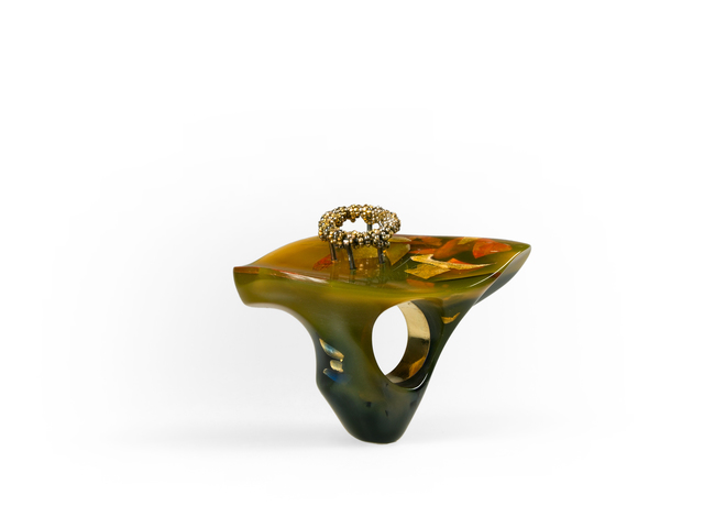 Petra Zimmermann, ‘No title, Ring’, 2014, Fashion Design and Wearable Art, Polymethyl methacrylate, gold, silver, historical metal beads, silk, TRECE SIN 3