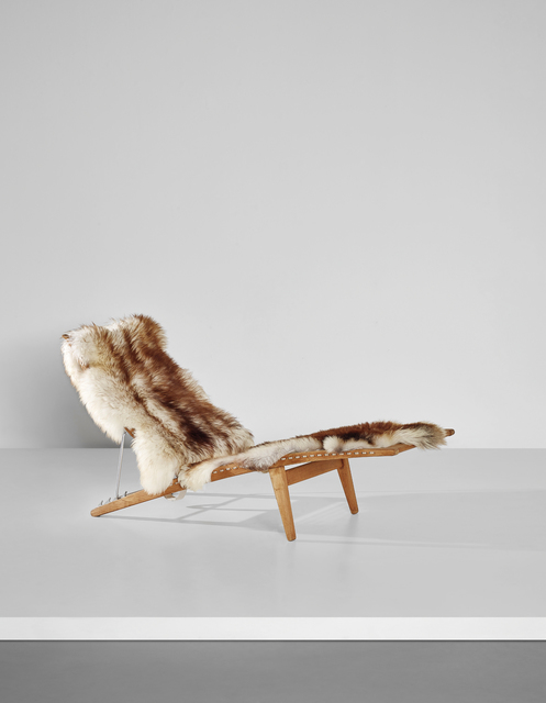Hans Jørgensen Wegner, ‘Early adjustable lounge chair, model no. JH524’, ca. 1959, Design/Decorative Art, Oak, chromium-plated metal, painted steel, halyard, fabric, sheep fur, Phillips