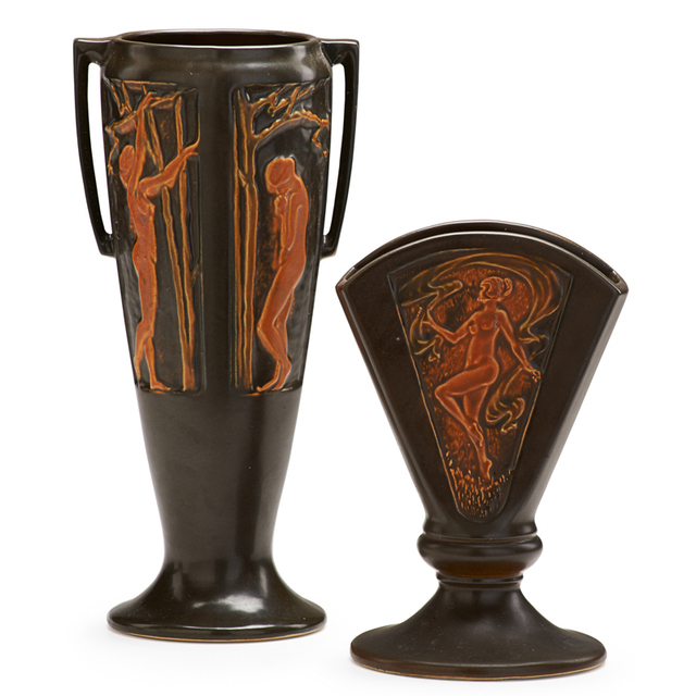 Roseville Pottery, ‘Two Brown Rosecraft Nude Panel Vases: One 8" Fan Vase And One Two-Handled 11" Vase, Zanesville, OH’, 1920, Rago/Wright