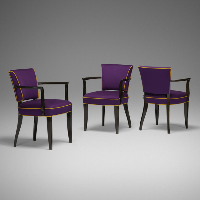 Eugène Printz, ‘armchairs, set of three’, c. 1935, Design/Decorative Art, Loro Piana upholstery, lacquered wood, Rago/Wright