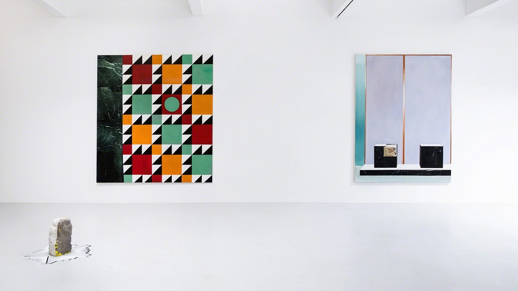 Exhibition view, 2017. Left: “Possession (Berlin-Klosterstrasse)“, 2017, oil on canvas, 200x300cm. Right: “Mosul Museum“, 2017, oil on canvas, 200x150cm. Front: “WMD“, 2017, plaster, paint, glass, height 35cm. Photo: Verena Nagl. Exhibition view, 2017. Left: “Possession (Berlin-Klosterstrasse)“, 2017, oil on canvas, 200x300cm. Right: “Mosul Museum“, 2017, oil on canvas, 200x150cm. Front: “WMD“, 2017, plaster, paint, glass, height 35cm. Photo: Verena Nagl.