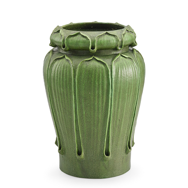 George P. Kendrick, ‘Grueby, Fine Gourd-Shaped Vase With Modeled Leaves, Boston, MA’, ca. 1905, Rago/Wright