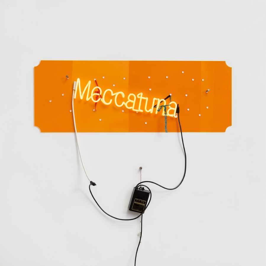 Jason Rhoades
Meccatuna
Neon lights mounted on orange translucent plexiglass with wire, lace, transformer
2003 Jason Rhoades
Meccatuna
Neon lights mounted on orange translucent plexiglass with wire, lace, transformer
2003