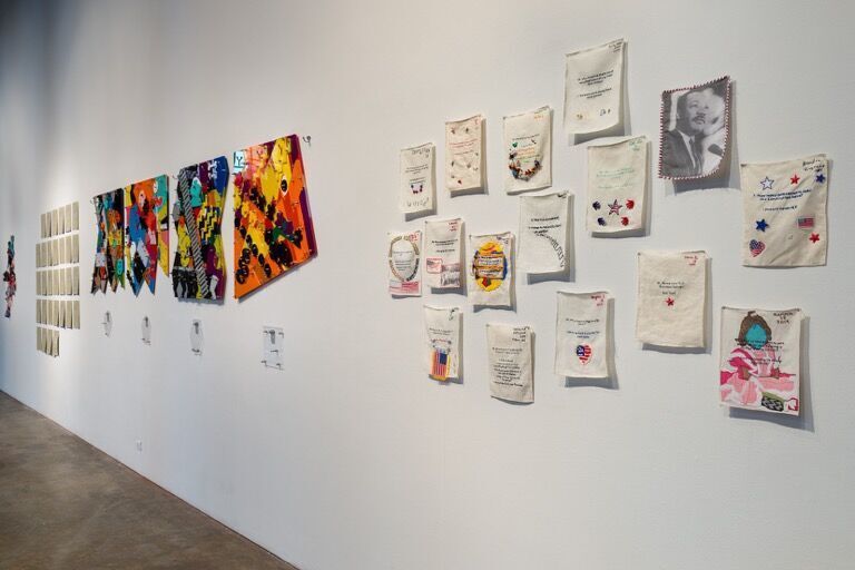 Image courtesy of Smack Mellon. Photo by Etienne Frossard.
Installation- Race and Revolution: Still Separate – Still Unequal
Right to left: Aram Han Sifuentes, US Citizenship Test Sampler (made by non-citizens living and working in the United States), 2012 - present
Damien Davis, From the series Blackamoors Collage , 2017
Mona Kamal, I was an Adjunct, 2017. Image courtesy of Smack Mellon. Photo by Etienne Frossard.
Installation- Race and Revolution: Still Separate – Still Unequal
Right to left: Aram Han Sifuentes, US Citizenship Test Sampler (made by non-citizens living and working in the United States), 2012 - present
Damien Davis, From the series Blackamoors Collage , 2017
Mona Kamal, I was an Adjunct, 2017.