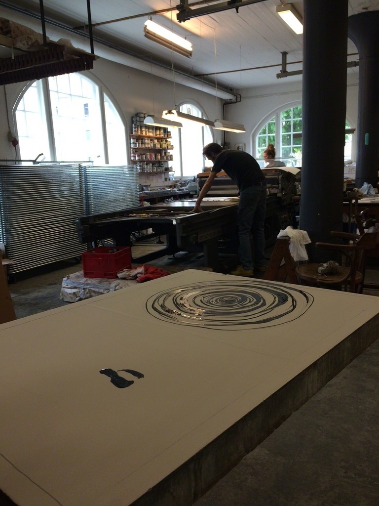 The litho stone drying after the artist have been painting on it with ink. The litho stone drying after the artist have been painting on it with ink.