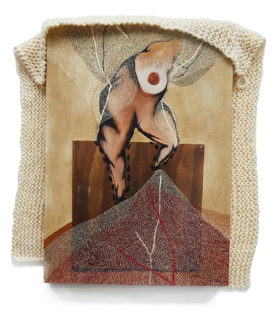 Radhika Khimji, ‘A lipstick snake got in the system’, 2018, Painting, Acrylic, oil, glue, gesso, digital print on paper, canvas, wool, Galerie Krinzinger