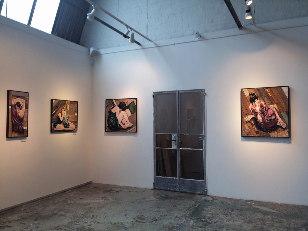 Toward the back of the second room of the gallery showing four pieces (from left to right) "A Long Time', "I'll Be Around For A While, "Time Stopped Moving" and "July 23rd". Toward the back of the second room of the gallery showing four pieces (from left to right) "A Long Time', "I'll Be Around For A While, "Time Stopped Moving" and "July 23rd".