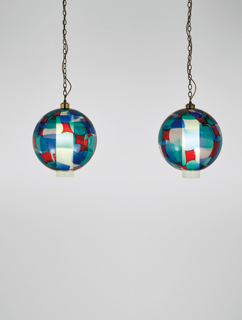 Fulvio Bianconi, ‘Pair of rare ceiling lights’, ca. 1950, Design/Decorative Art, *Pezzato *coloured glass, *lattimo *glass, brass, Phillips