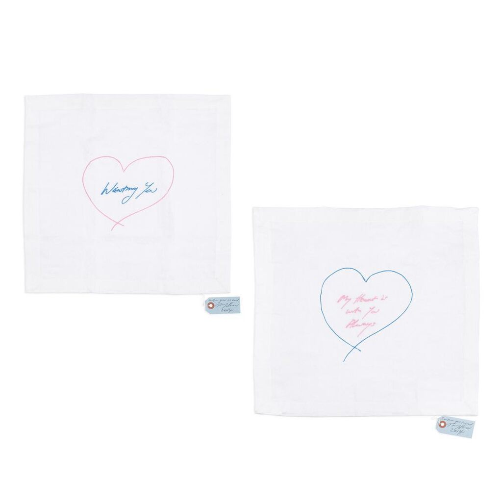 Tracey Emin - My Heart is with you Always - Napkin (pink and blue); Wanting You - Napkin (pink and blue)