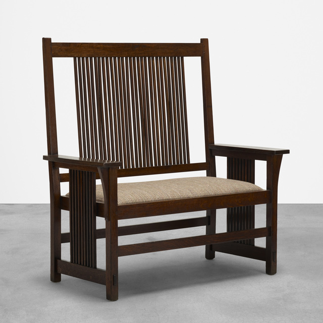 Craftsman Workshops of Gustav Stickley, ‘settle, model no. 286’, 1905-1909, Design/Decorative Art, Lacquered oak, upholstery, Rago/Wright