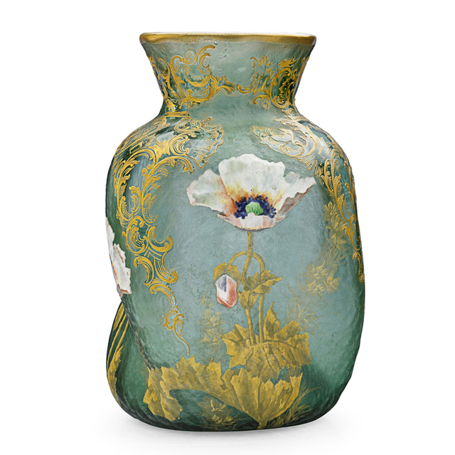 Mont Joye, ‘Large Twisting Vase With Poppies, France’, Early 20th C., Design/Decorative Art, Acid-Etched, Enameled And Gilt Glass, Rago/Wright