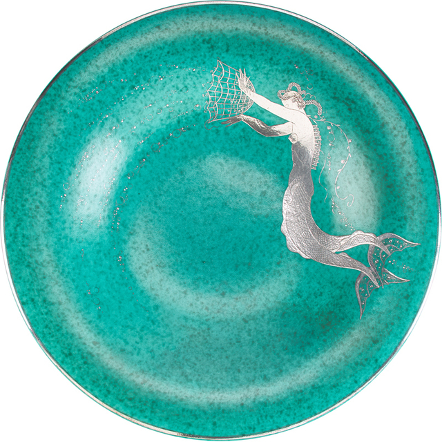 Wilhelm Kåge, ‘Large Argenta charger with mermaid holding basket of bubbles and flowers, Sweden’, Design/Decorative Art, Glazed stoneware, silver inlay, Rago/Wright