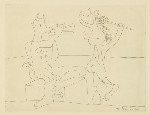 Pablo Picasso, ‘Faune flûtiste et danseuse à la maraca et au tambourin: two prints (B. 1341; Ba. 702)’, 1945, Print, Two etchings, Sotheby's