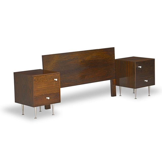 George Nelson, ‘Pair of Thin Edge nightstands and full-sized headboard, Zeeland, MI’, 1950s, Design/Decorative Art, Rosewood, porcelain, enameled metal, aluminum, Rago/Wright