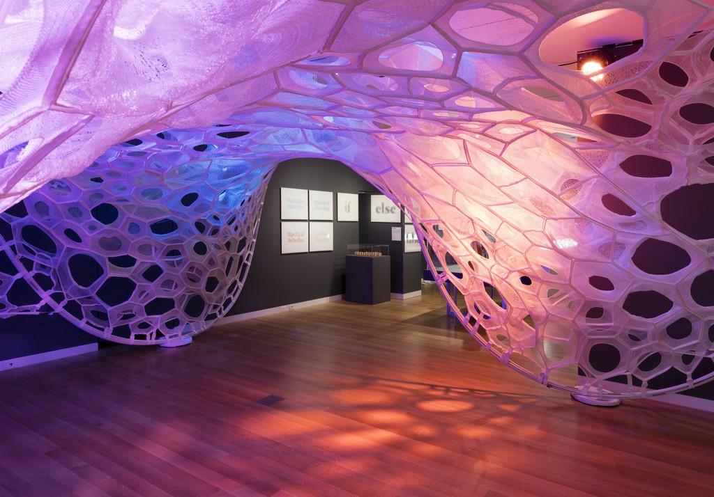 Installation view of the PolyThread knitted textile pavilion, designed by Jenny E. Sabin, commissioned for Beauty—Cooper Hewitt Design Triennial. Photo by Matt Flynn © 2016 Cooper Hewitt, Smithsonian Design Museum. Installation view of the PolyThread knitted textile pavilion, designed by Jenny E. Sabin, commissioned for Beauty—Cooper Hewitt Design Triennial. Photo by Matt Flynn © 2016 Cooper Hewitt, Smithsonian Design Museum.