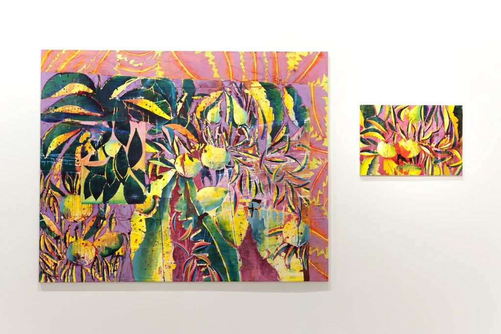 "Sunspilt (Turquoise PomegranateVersion)", 2016, Acrylic, spray paint, marble dust, fabric applique, string on canvas, 145x180cm and "Sunspilt (Extract II)", 2016, Acrylic, spray paint, marble dust, string and fabric applique on canvas, 45x65cm "Sunspilt (Turquoise PomegranateVersion)", 2016, Acrylic, spray paint, marble dust, fabric applique, string on canvas, 145x180cm and "Sunspilt (Extract II)", 2016, Acrylic, spray paint, marble dust, string and fabric applique on canvas, 45x65cm