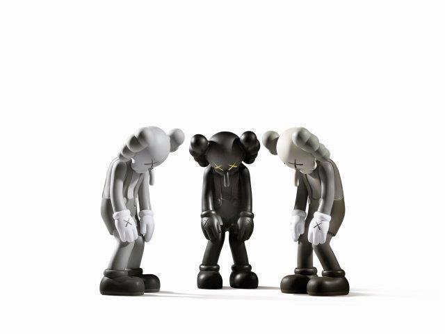 KAWS, ‘Small Lie (Brown, Black & Grey)’, 2017, Sculpture, Three painted vinyl multiples,, Roseberys