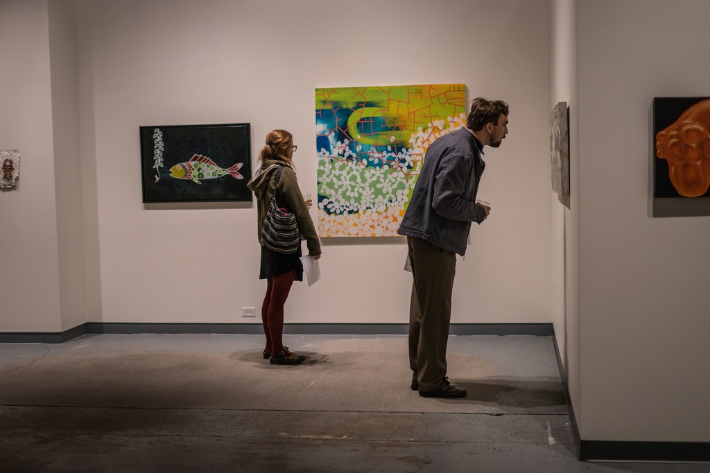 Sweep Opening, viewers looking at the work of (L to R): Christopher Harrison, Leah Yellowbird, Heidi Pollard and Karen Owsley Nease. Sweep Opening, viewers looking at the work of (L to R): Christopher Harrison, Leah Yellowbird, Heidi Pollard and Karen Owsley Nease.