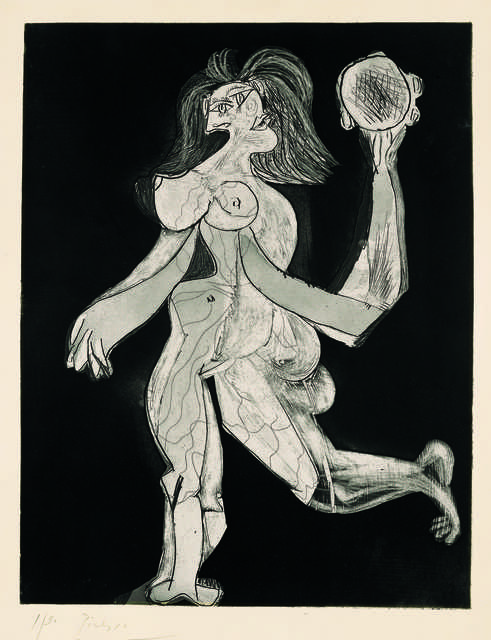 Pablo Picasso, ‘La femme au tambourin (Woman with Tambourine)’, 1939, Print, Aquatint and line etching on copper on Vélin d’Arches paper, sheet 1/30, printed in 1942 before steel-facing of the plate, Fondation Beyeler