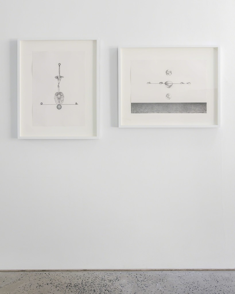 (Left) Seung Ae Lee, Becoming 2, 2018, pencil on paper, 59.4h x 42w cm; (Right) Seung Ae Lee, Becoming 1, 2018, pencil on paper, 42w x 59.4 cm, installation view (Left) Seung Ae Lee, Becoming 2, 2018, pencil on paper, 59.4h x 42w cm; (Right) Seung Ae Lee, Becoming 1, 2018, pencil on paper, 42w x 59.4 cm, installation view