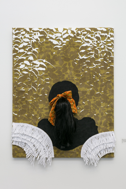 Suchitra Mattai, ‘When you move from the tropics to Canada and experience your first snow as an immigrant’, 2018, Painting, Acrylic, fringe, faux hair, trim on patterned fabric, k contemporary