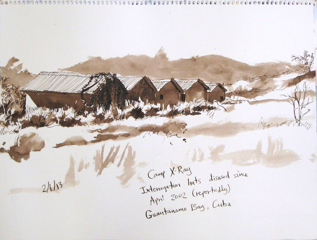 Steve Mumford, ‘2/6/13, Camp X-Ray, Interrogation huts disused since April 2002 (reportedly), Guantanamo Bay, Cuba’, 2013, Drawing, Collage or other Work on Paper, Ink, Postmasters Gallery
