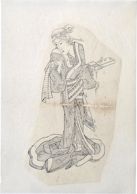 Teisai Sencho, ‘Preparatory Drawing for print of 'Shadow Pictures of the Floating World: Courtesan at her Toilette'’, ca. 1830's, Drawing, Collage or other Work on Paper, Sumi ink on paper, Scholten Japanese Art