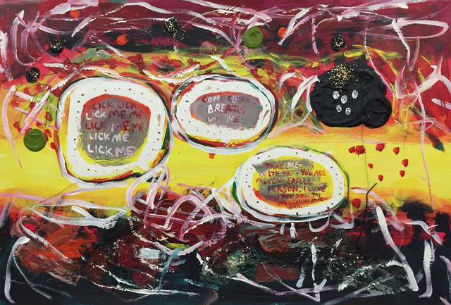 Yael Kanarek, ‘Come Closer Bubble’, 1994, Painting, Acrylic, pennies, glitter, marker, rainbow sprinkles, hair, and sewing thread on paper, bitforms gallery