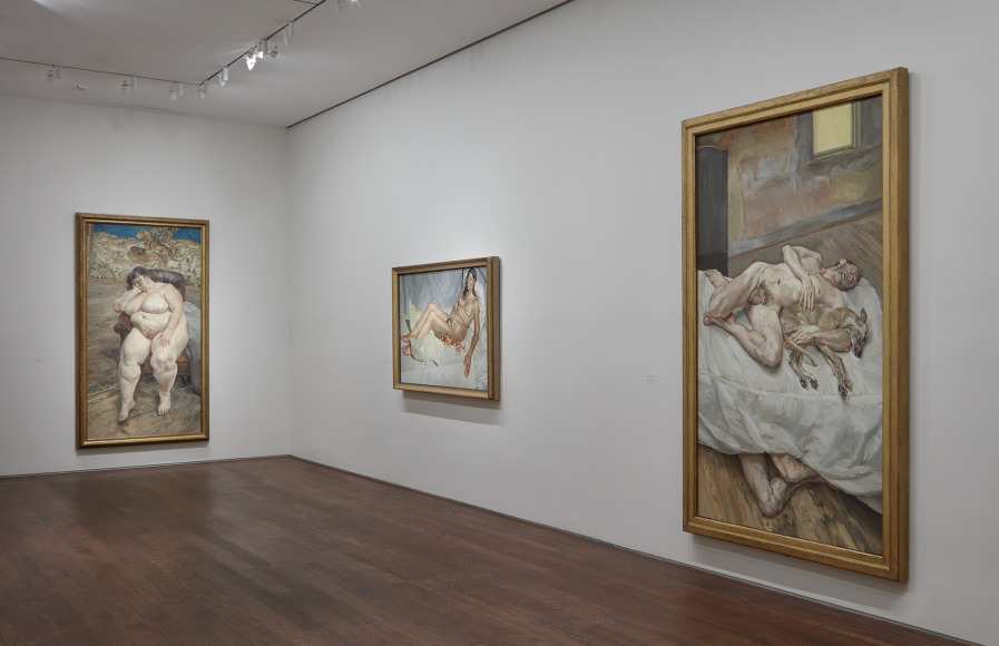 Left to right:
Sleeping by the Lion Carpet, 1995-96
Oil on canvas
89 x 48 inches
The Lewis Collection
Irish Woman on a Bed, 2003-04⠀
Oil on canvas⠀
40 x 60 1/8 inches (101.6 x 152.7 cm)⠀
Private Collection⠀
Sunny Morning—Eight Legs, 1997⠀
Oil on canvas⠀
92 1/8 x 52 inches (234 x 132.1 cm)⠀
The Art Institute of Chicago; Joseph Winterbotham Collection (1997.561)⠀
Photo by Kent Pell. Art © The Lucian Freud Archive / Bridgeman Images. Left to right:
Sleeping by the Lion Carpet, 1995-96
Oil on canvas
89 x 48 inches
The Lewis Collection
Irish Woman on a Bed, 2003-04⠀
Oil on canvas⠀
40 x 60 1/8 inches (101.6 x 152.7 cm)⠀
Private Collection⠀
Sunny Morning—Eight Legs, 1997⠀
Oil on canvas⠀
92 1/8 x 52 inches (234 x 132.1 cm)⠀
The Art Institute of Chicago; Joseph Winterbotham Collection (1997.561)⠀
Photo by Kent Pell. Art © The Lucian Freud Archive / Bridgeman Images.