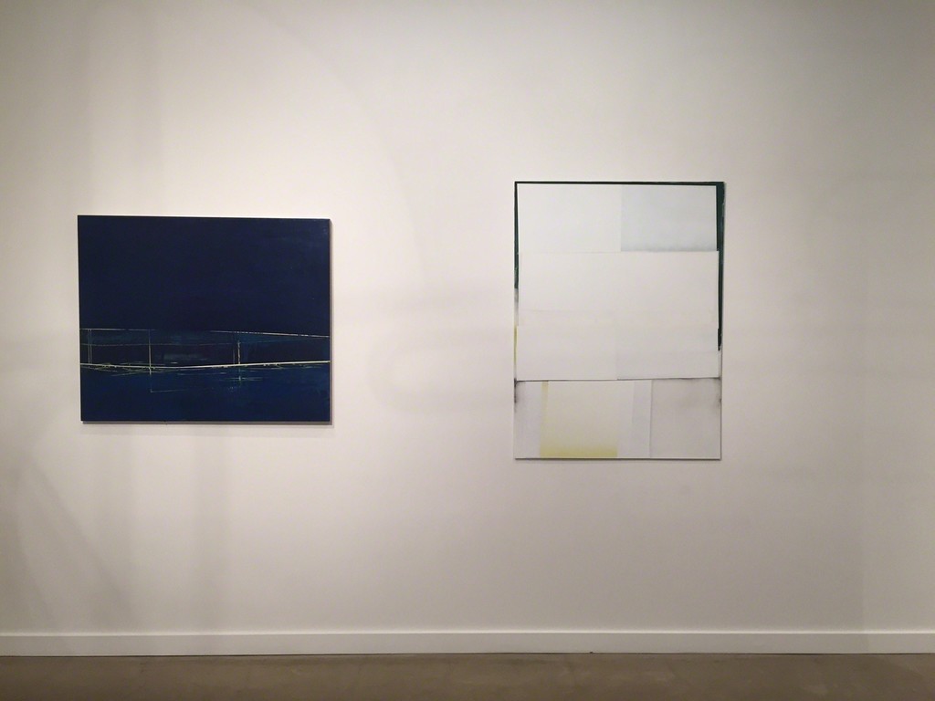 Gayle Ruskin "Solo" Oil and enamel on wood panel (left) and Jeffrey Cortland Jones "Blushed (Charlotte Sometimes)" Enamel, latex, and gesso on acrylic panel (right) Gayle Ruskin "Solo" Oil and enamel on wood panel (left) and Jeffrey Cortland Jones "Blushed (Charlotte Sometimes)" Enamel, latex, and gesso on acrylic panel (right)