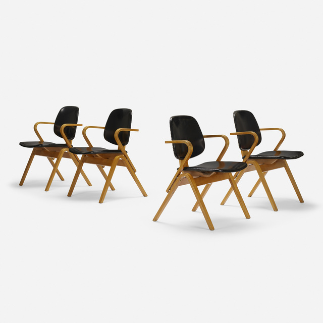 Joe Atkinson, ‘armchairs, set of four’, c. 1955, Design/Decorative Art, Laminated beech, vinyl, aluminum, Rago/Wright