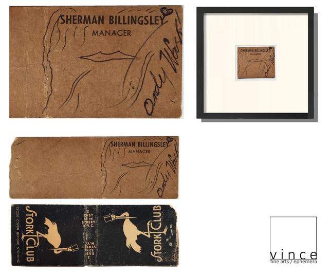 Andy Warhol, ‘"STORK CLUB", Signed Drawing on Stork Club Owners Business Card/Match Book Cover, Smallest WARHOL Drawing ?’, 1950-1959, Drawing, Collage or other Work on Paper, Ink on Cardstock, VINCE fine arts/ephemera