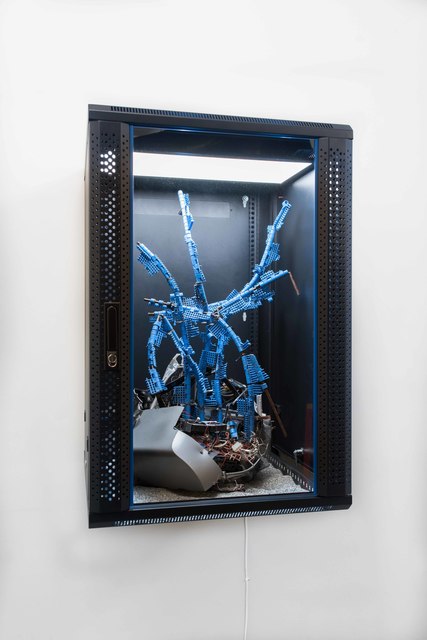 Joachim Coucke, ‘An interface to immortality IV’, 2020, Sculpture, Server cabinet, led tile, plastic bin, conveyor belt parts, various computer components, cables, metal, gravel, plastic parts, and hardware, Tatjana Pieters