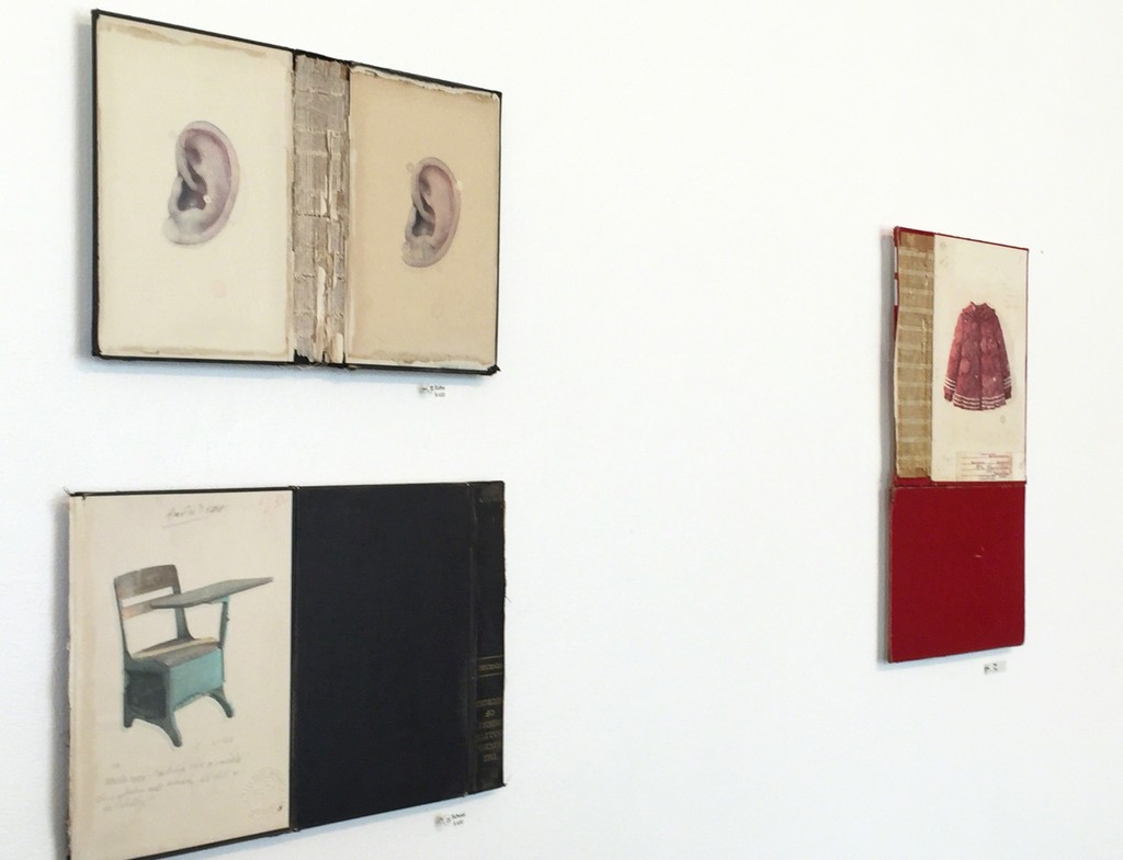 "Echo" and "School" and "Jacket" by Dan McClain, hand painted watercolor and prismacolor imagery on disassembled books "Echo" and "School" and "Jacket" by Dan McClain, hand painted watercolor and prismacolor imagery on disassembled books