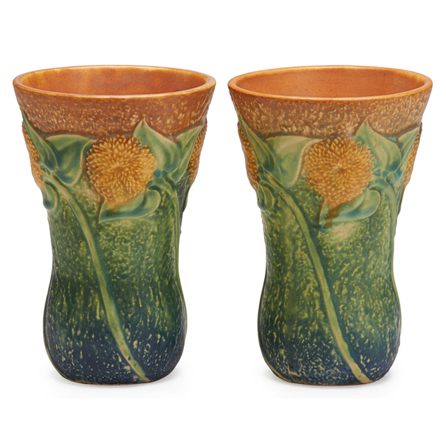 Roseville Pottery, ‘Two 7" Sunflower Vases, Zanesville, OH’, 1930, Rago/Wright