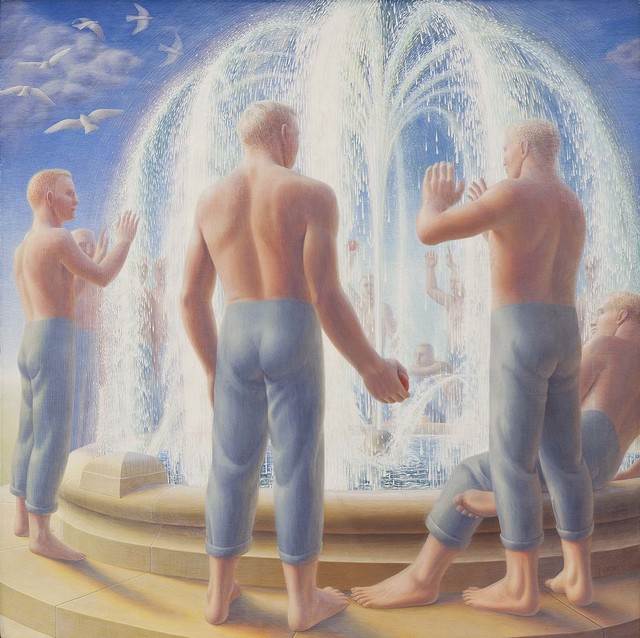 George Tooker, ‘Fountain’, 1950, Painting, Egg tempera on gesso panel, Michael Rosenfeld Gallery
